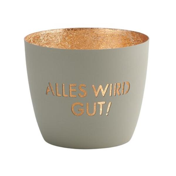 Madras Windlicht M "Alles wird gut" Motiv in Flannel/Gold, dekorative Eisenlaterne für Zuhause, positive Geschenkidee.