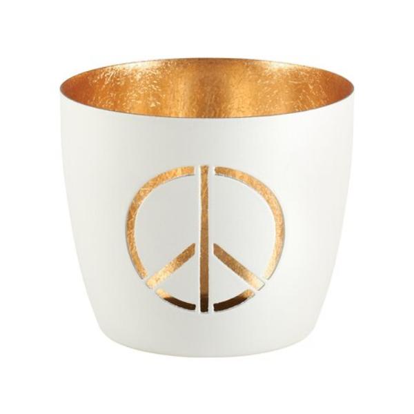 Madras Windlicht M Peace Motiv in Weiß/Gold, dekorative Eisenlaterne für Zuhause, positive Geschenkidee