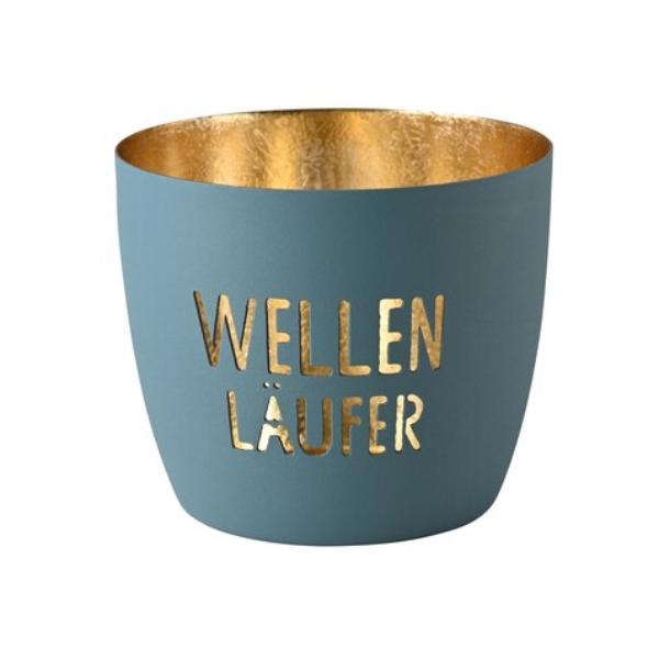 Gift Company – Madras Windlicht M – Wellenläufer Motiv, Powder Blue/Gold, Eisen