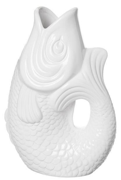 Fischvase Monsieur Carafon von Gift Company – Steingut in Weiß, 1,2L, Maße 16,5x25,2x9,7 cm. Handgefertigte Deko-Vase in Fischform mit glänzender Oberfläche