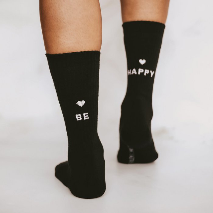 Eulenschnitt Socken Be Happy Schwarz – Nachhaltige Socken mit positivem Spruch aus Bio-Baumwolle