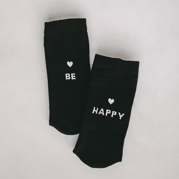 Eulenschnitt Socken Be Happy Schwarz – Nachhaltige Socken mit positivem Spruch aus Bio-Baumwolle