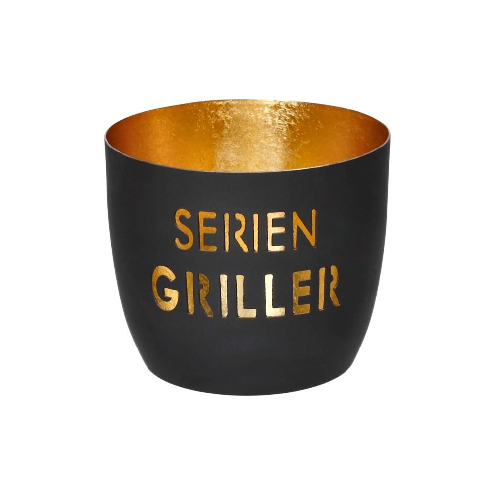 Windlicht von Gift Company in Schwarz mit Gold innen, mit der Aufschrift Serien Griller