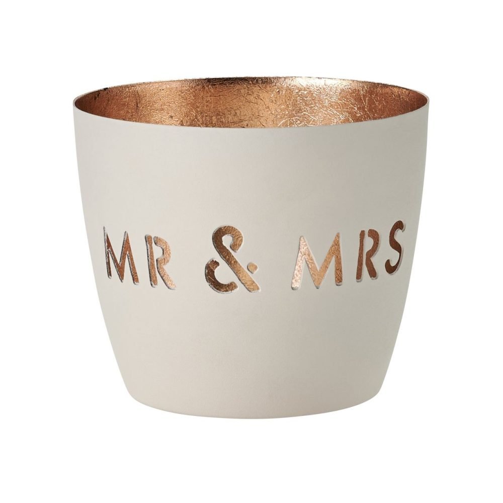 Windlicht Madras von GiftCompany in Weiß-Gold mit Mr & Mrs Motiv, rund, aus Eisen – romantische Hochzeitsdeko oder Geschenkidee