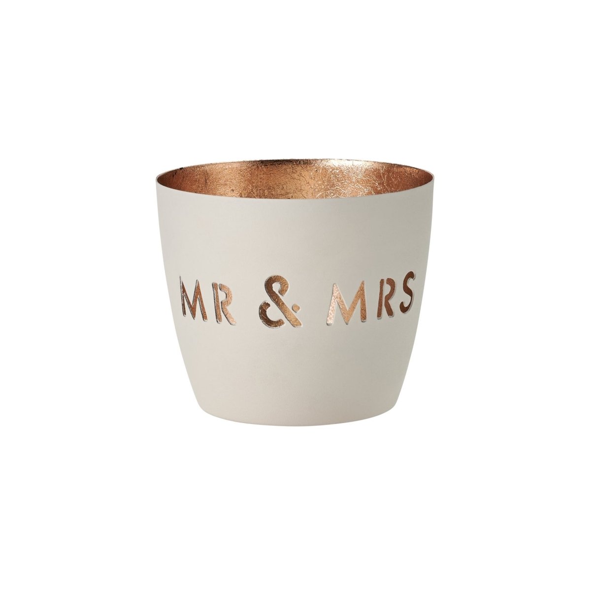 Windlicht Madras von GiftCompany in Weiß-Gold mit Mr & Mrs Motiv, rund, aus Eisen – romantische Hochzeitsdeko oder Geschenkidee