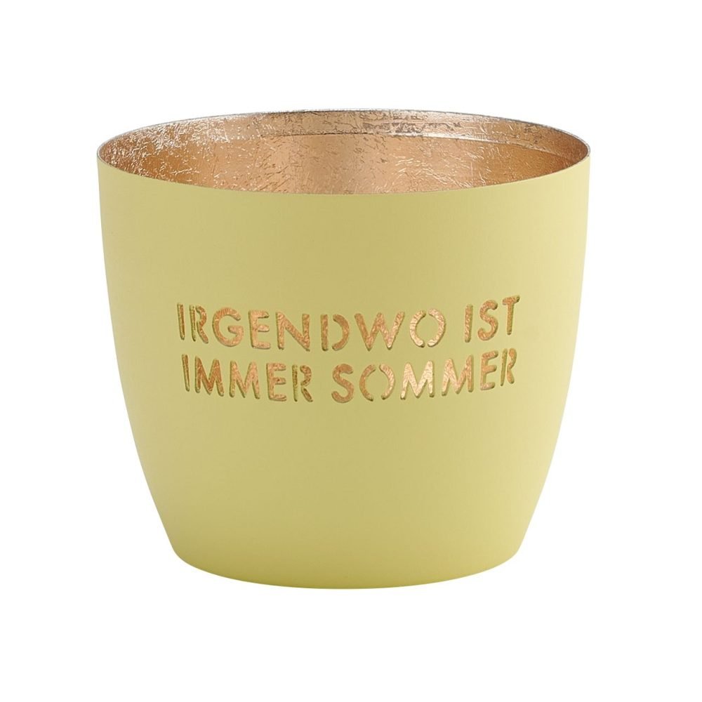 Windlicht Madras von GiftCompany in Pastellgelb-Gold mit „Irgendwo ist immer Sommer“-Motiv, aus Eisen – sommerliche Tischdeko oder Geschenkidee