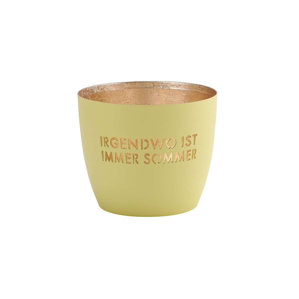 Windlicht Madras von GiftCompany in Pastellgelb-Gold mit „Irgendwo ist immer Sommer“-Motiv, aus Eisen – sommerliche Tischdeko oder Geschenkidee