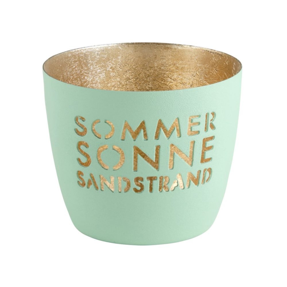Windlicht Madras von GiftCompany in Aqua-Gold, rund, aus Eisen, mit sommerlichem Motiv, dekorativ für Innen- und Außenbereich
