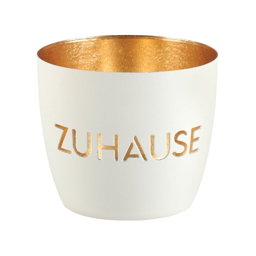 Windlicht Madras von GiftCompany in Weiß-Gold mit „Zuhause“-Motiv, rund, aus Eisen – stimmungsvolle Deko für Tisch oder Regal