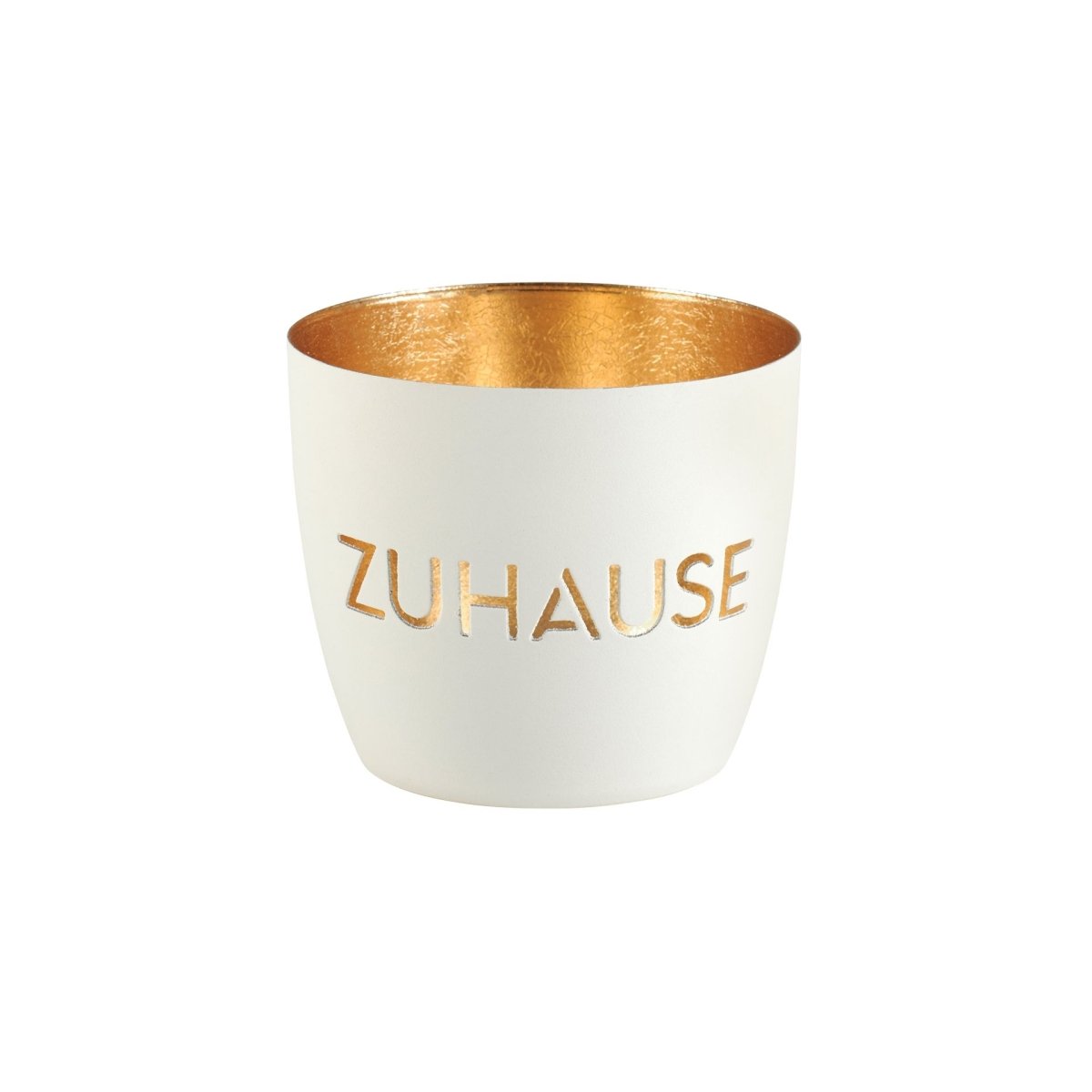 Windlicht Madras von GiftCompany in Weiß-Gold mit „Zuhause“-Motiv, rund, aus Eisen – stimmungsvolle Deko für Tisch oder Regal