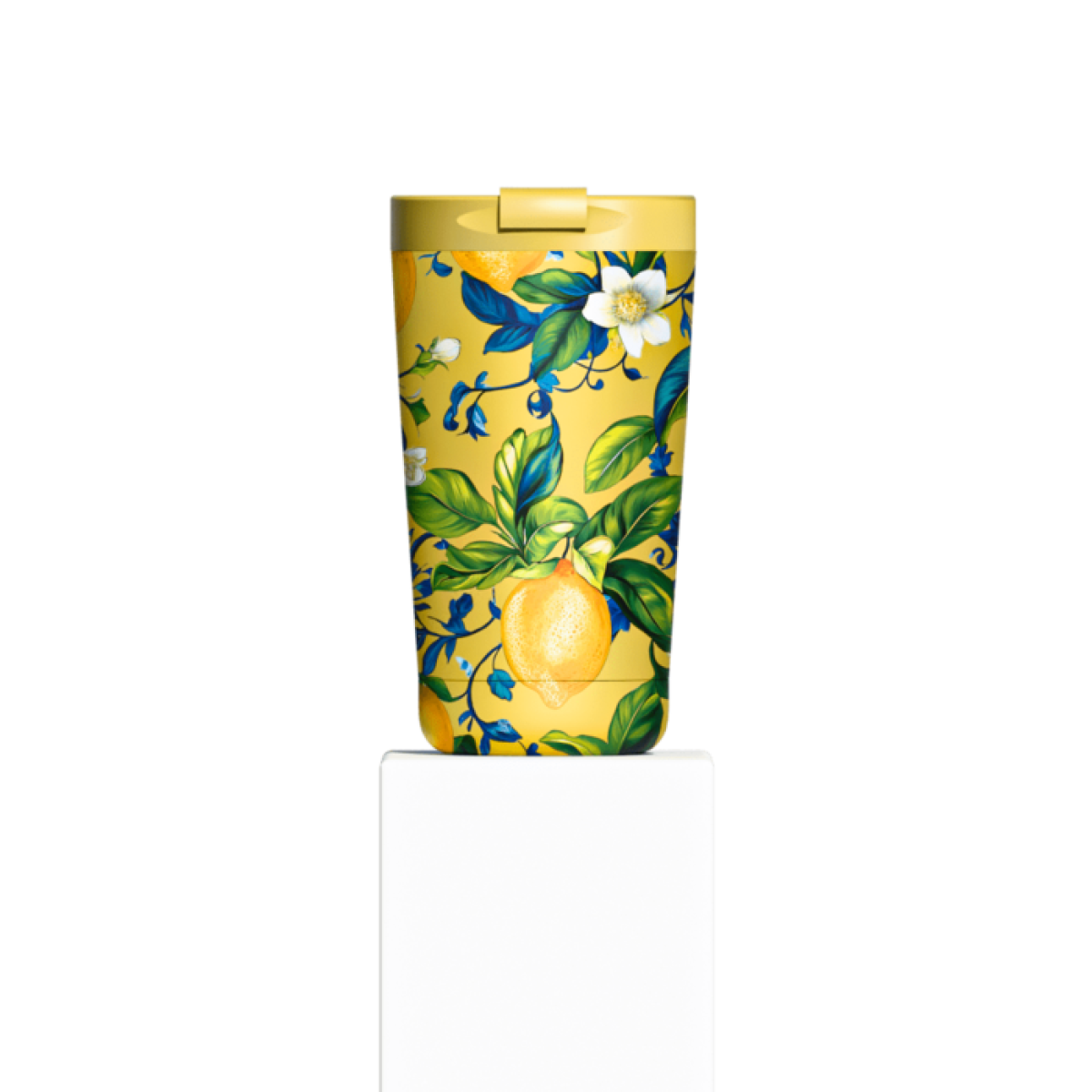 IZY Flasche Giallo Limone Thermomug 350 ml ca 21 cm hoch 8,5 cm Durchmesser 250 g hält Getränke 6 h heiß 12 h kalt CO2 neutral Zitronen Design