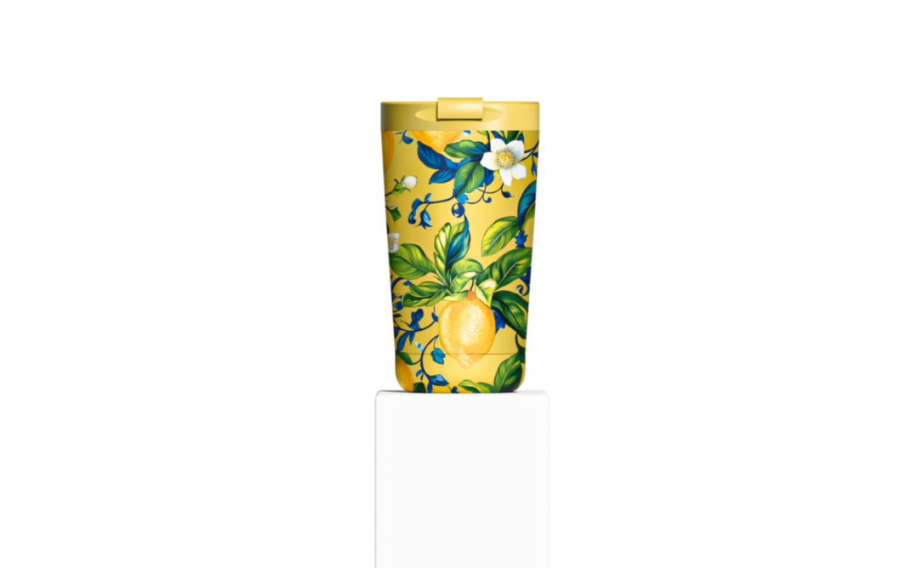 IZY Flasche Giallo Limone Thermomug 350 ml ca 21 cm hoch 8,5 cm Durchmesser 250 g hält Getränke 6 h heiß 12 h kalt CO2 neutral Zitronen Design