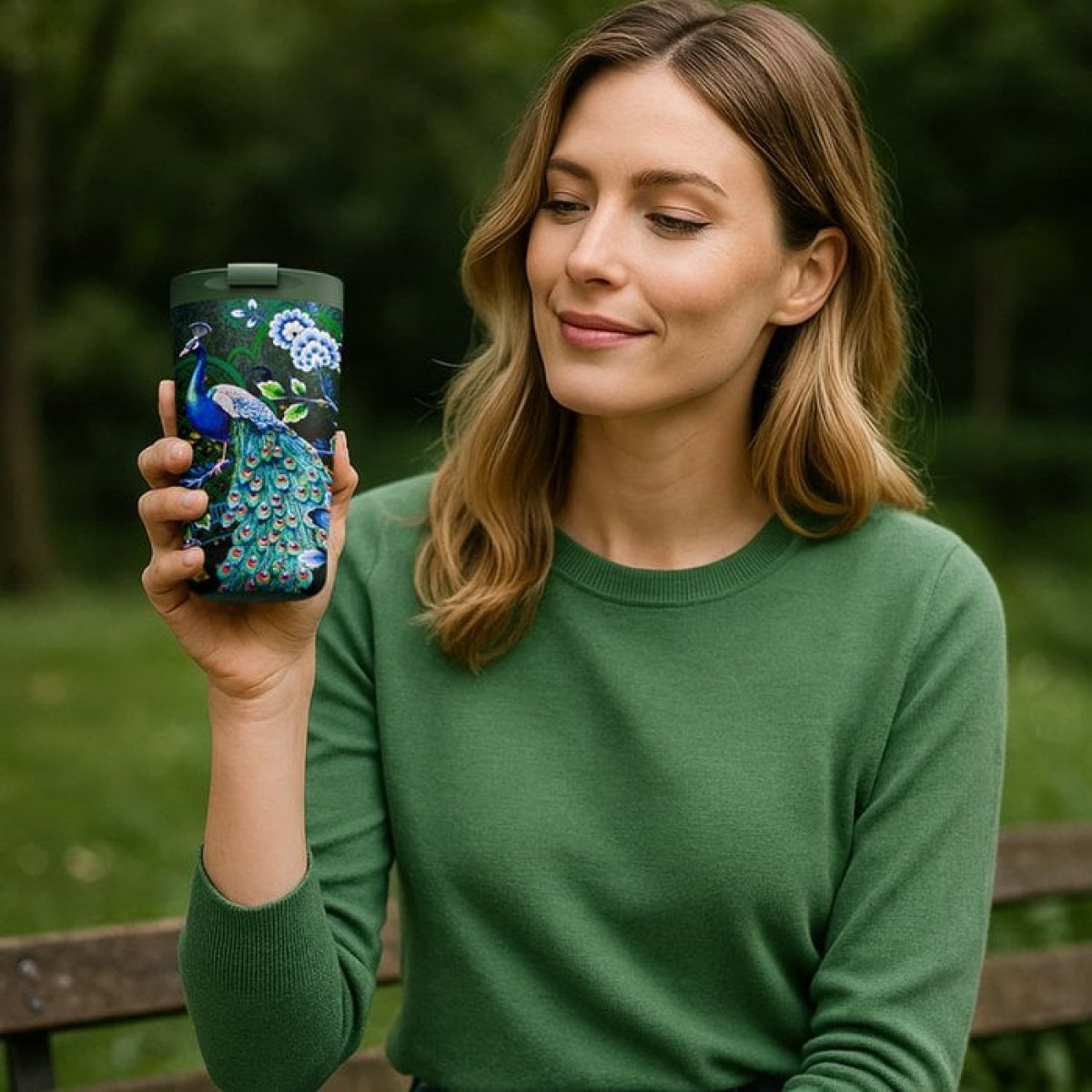 IZY Becher Majestic Green 2.0 350 ml 20 cm hoch 9 cm Durchmesser 300 g doppelwandig Edelstahl hält 6 h heiß 12 h kalt Pfauen Design grün