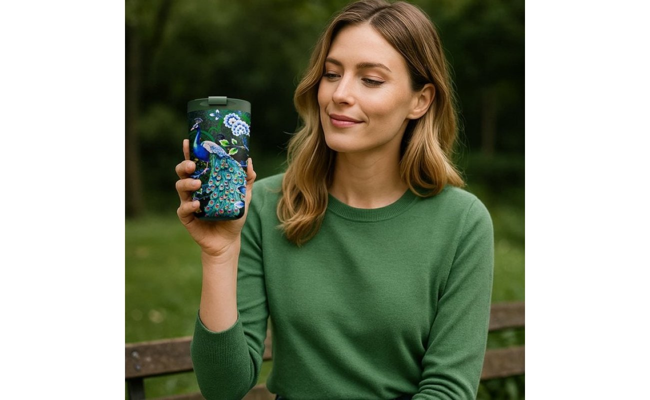 IZY Becher Majestic Green 2.0 350 ml 20 cm hoch 9 cm Durchmesser 300 g doppelwandig Edelstahl hält 6 h heiß 12 h kalt Pfauen Design grün