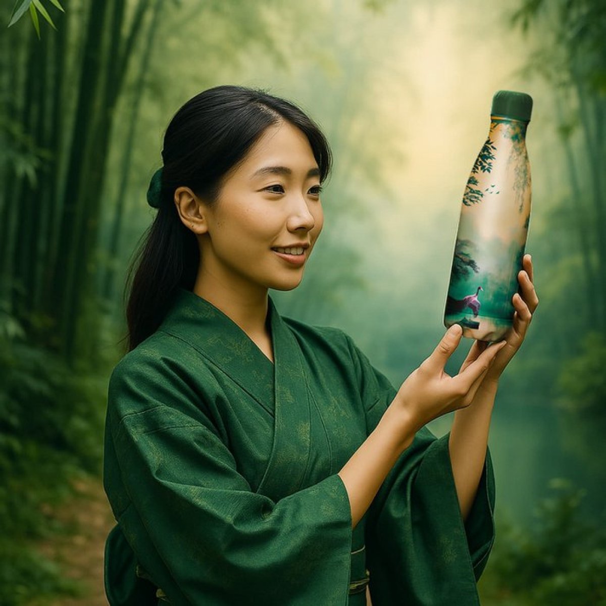 IZY Flasche Bambus Glow – isolierte Edelstahl Thermosflasche 0,5L in Grün, hält Getränke 12h heiß und 24h kalt, nachhaltige wiederverwendbare Trinkflasche