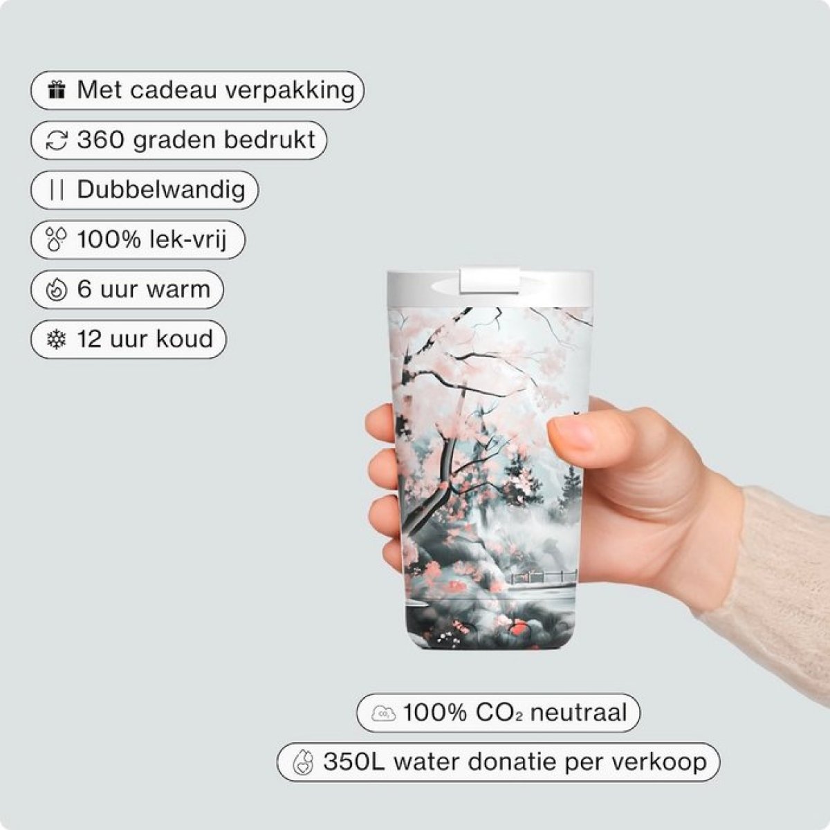 IZY Becher Sakura Dreams 350 ml 20 cm hoch 9 cm Durchmesser 300 g doppelwandig Edelstahl hält 6 h heiß 12 h kalt Kirschblüten Design weiß