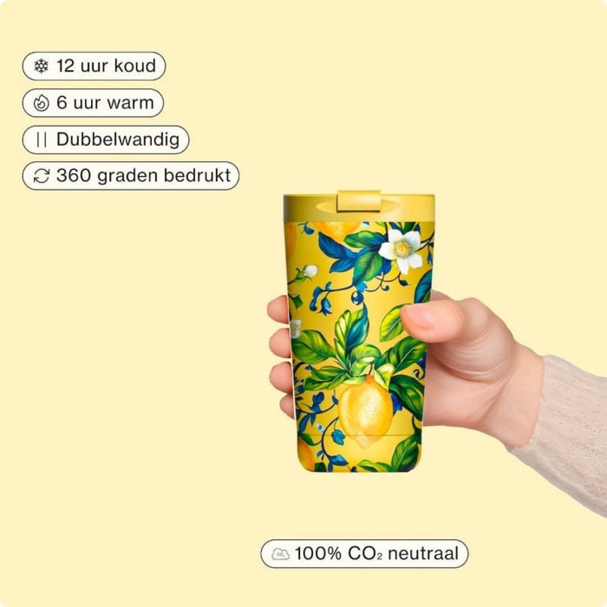IZY Flasche Giallo Limone Thermomug 350 ml ca 21 cm hoch 8,5 cm Durchmesser 250 g hält Getränke 6 h heiß 12 h kalt CO2 neutral Zitronen Design