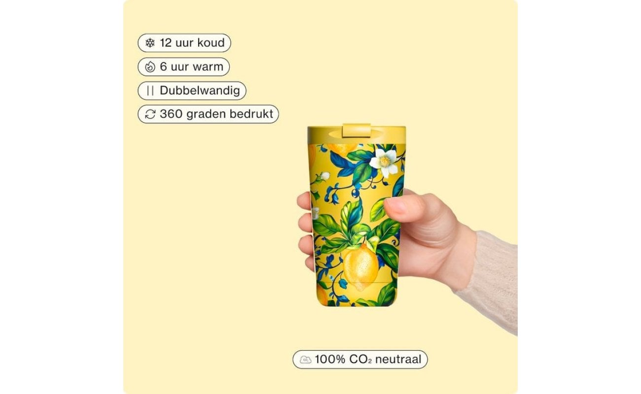 IZY Flasche Giallo Limone Thermomug 350 ml ca 21 cm hoch 8,5 cm Durchmesser 250 g hält Getränke 6 h heiß 12 h kalt CO2 neutral Zitronen Design