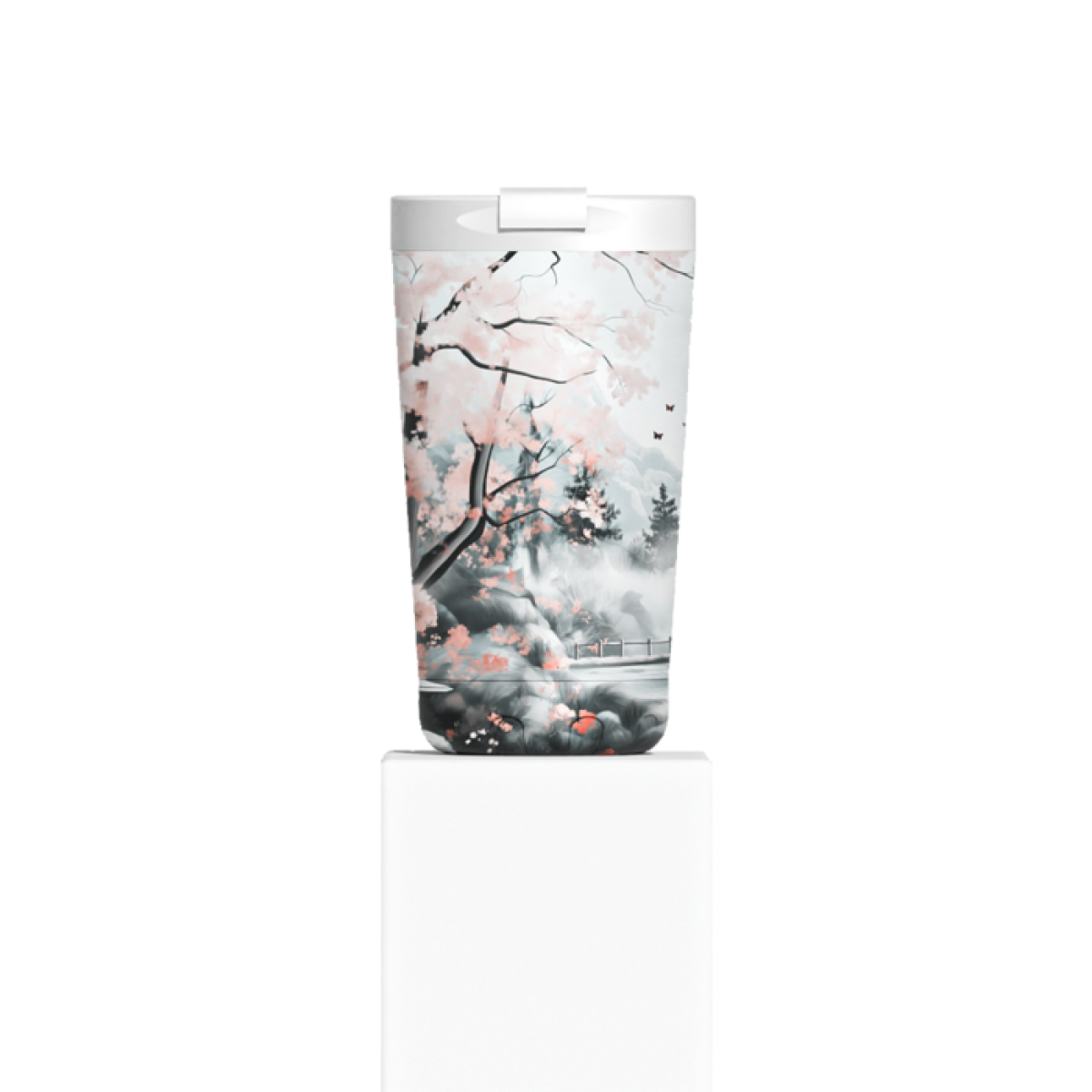 IZY Becher Sakura Dreams 350 ml 20 cm hoch 9 cm Durchmesser 300 g doppelwandig Edelstahl hält 6 h heiß 12 h kalt Kirschblüten Design weiß