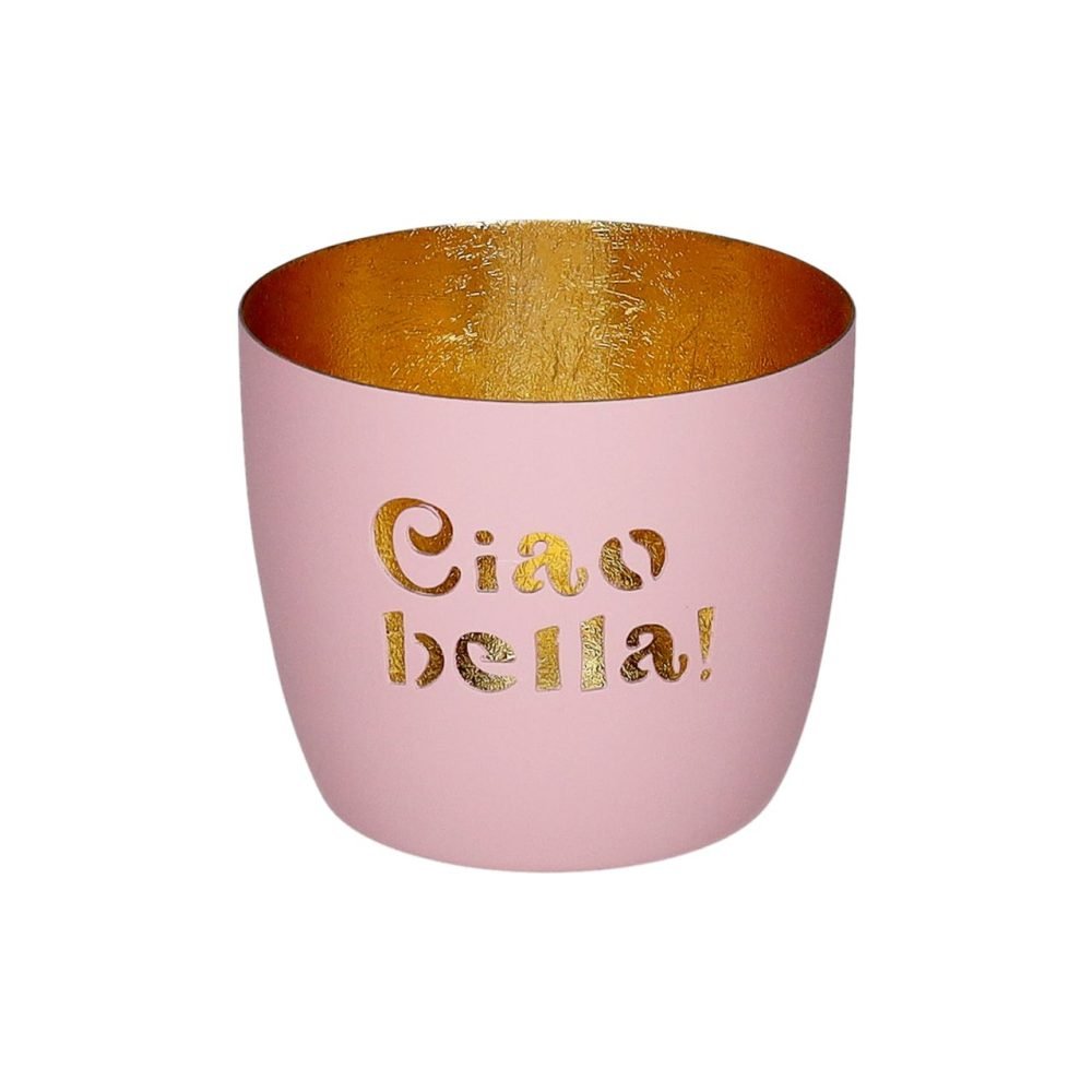 Madras Windlicht in Rosa und Gold mit Motiv Ciao bella aus Eisen Höhe 8,5 cm Durchmesser 10 cm
