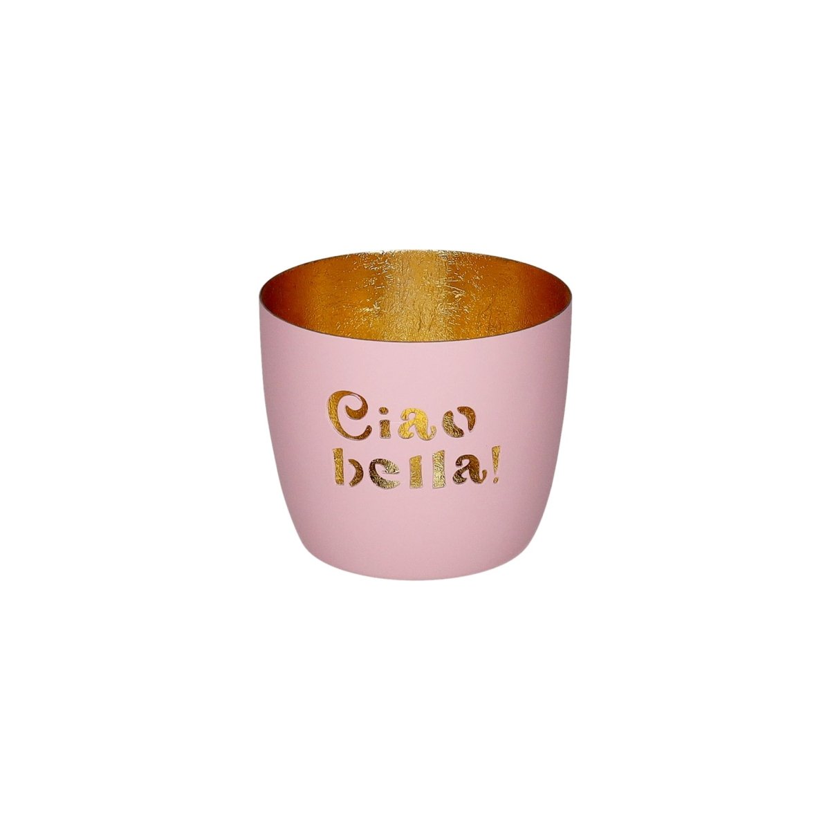 Madras Windlicht in Rosa und Gold mit Motiv Ciao bella aus Eisen Höhe 8,5 cm Durchmesser 10 cm