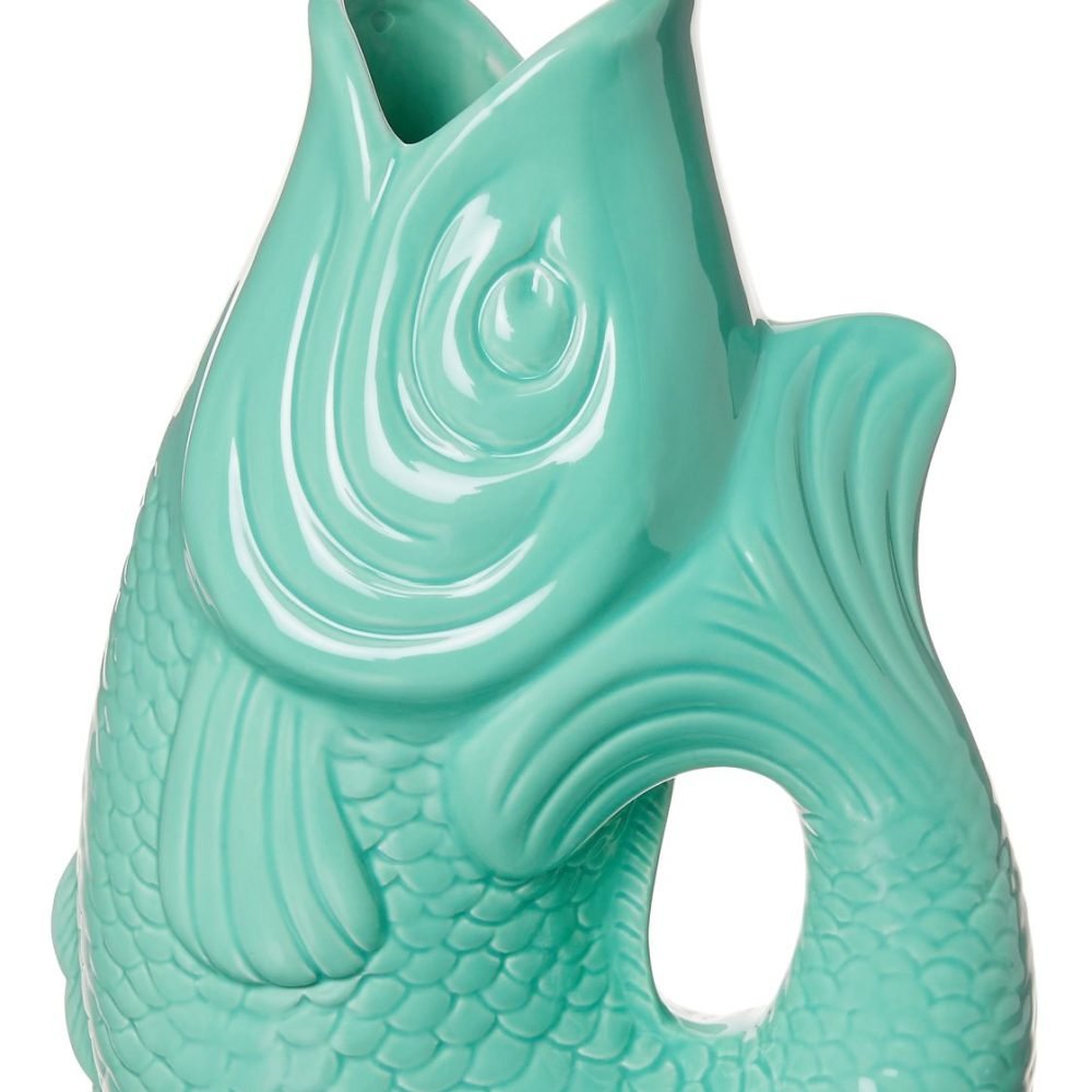 Monsieur Carafon Vase in Mint Cream aus Steingut in Fischform mit 1,2 Liter Fassungsvermögen
