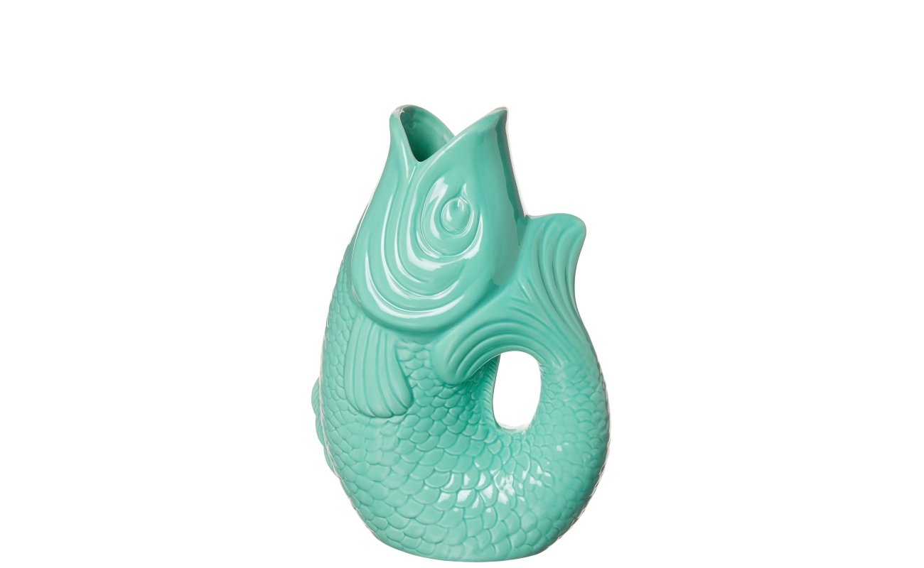 Monsieur Carafon Vase in Mint Cream aus Steingut in Fischform mit 1,2 Liter Fassungsvermögen