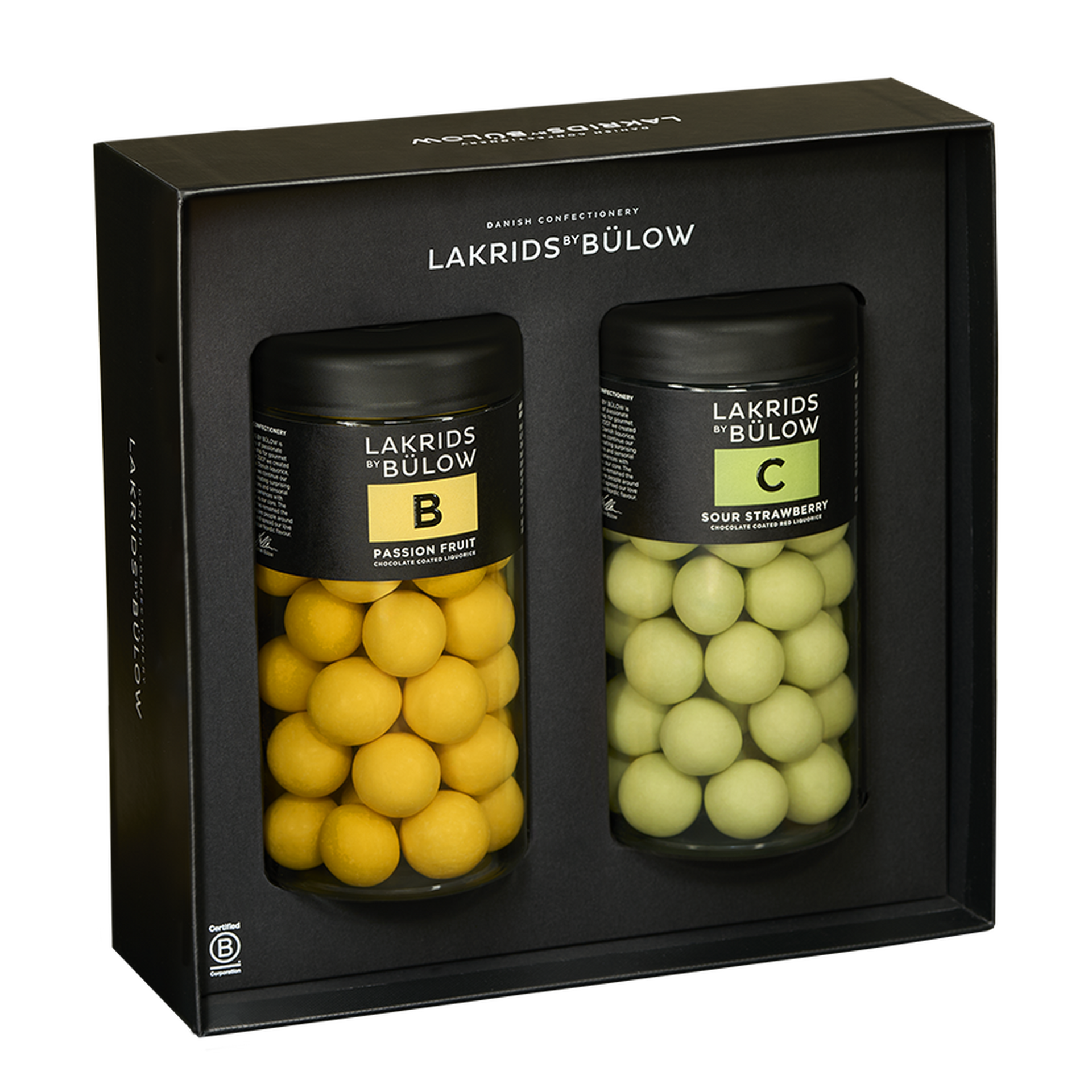 Lakrids Black Box B und C mit den Sorten Passion Fruit und Sour Strawberry in schwarzer Geschenkbox